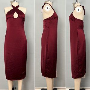 NWT JASON WU  Burgundy Plunging U-Neckline Halter Satin Dress - Small